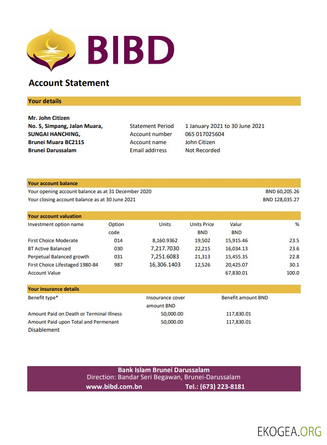 Relevé bancaire de Brunei Bank Islam Brunei Darussalam modèle facile à remplir au format Excel et PDF (AutoSum)
